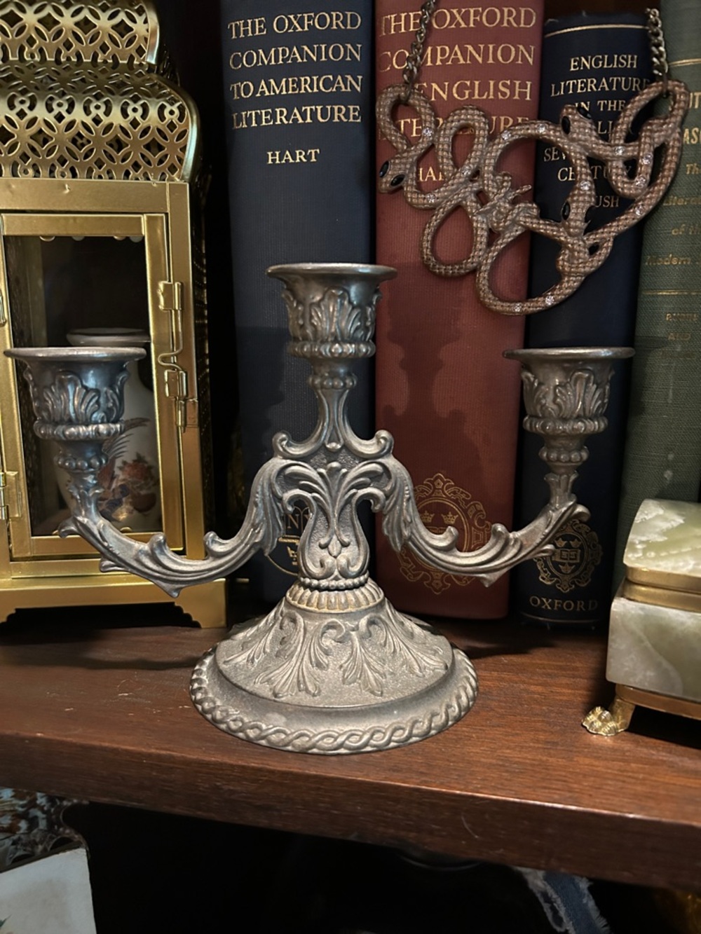 Vintage Baroque-Style Pewter Three-Arm Candelabra